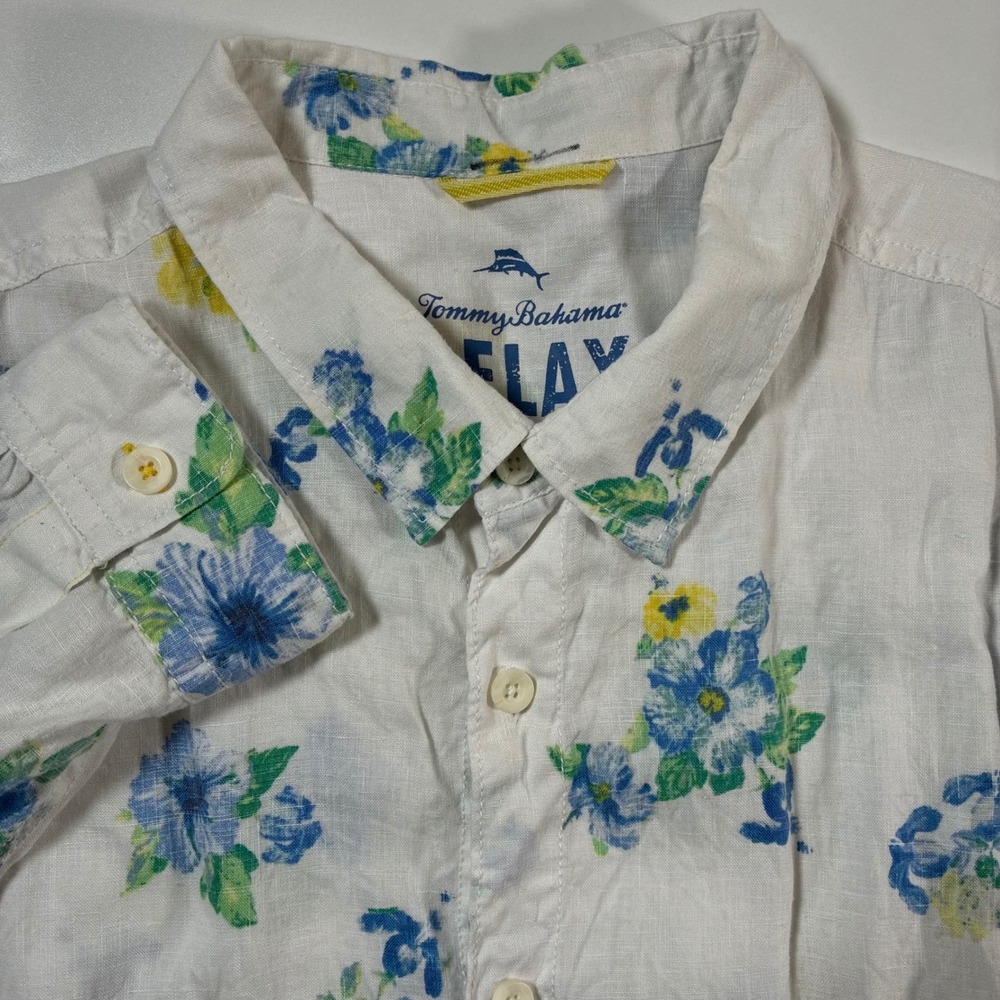Tommy Bahama Relax 100% Linen Shirt 3XL White Blue Floral Button All Over AOP
